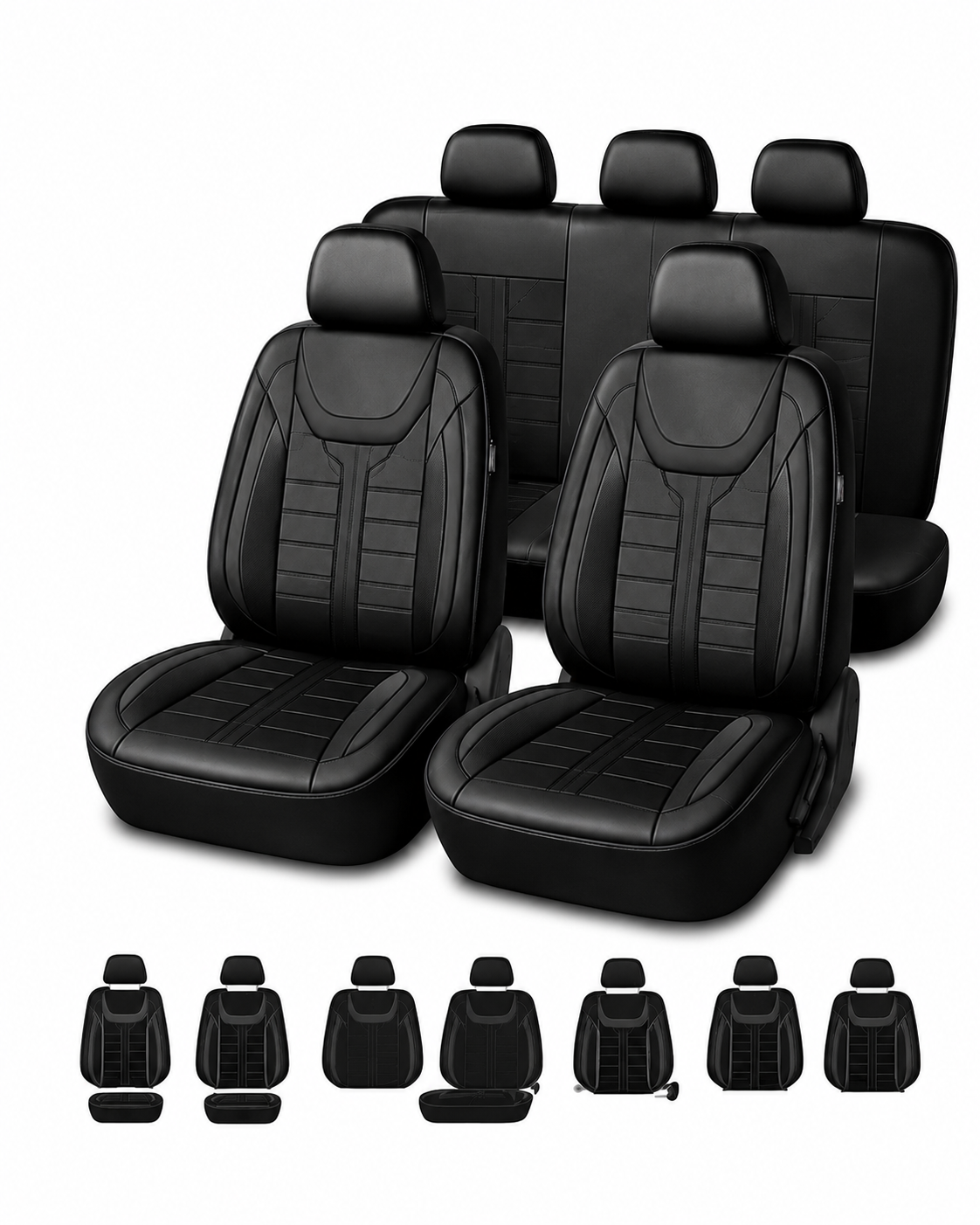 Universal 11 Piece Leather Seat Covers Full Black