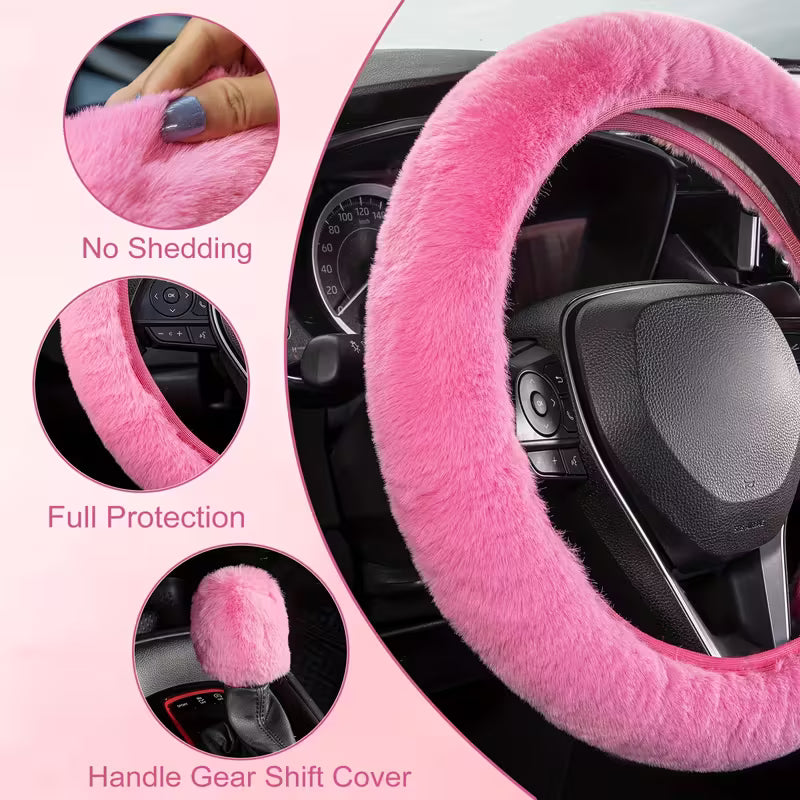 2PS Pink Plush Car Steering Wheel Cover, Gear Knob Cover
