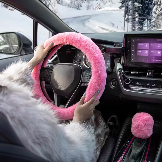 2PS Pink Plush Car Steering Wheel Cover, Gear Knob Cover