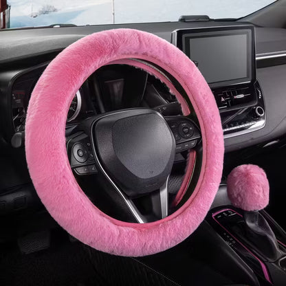 2PS Pink Plush Car Steering Wheel Cover, Gear Knob Cover