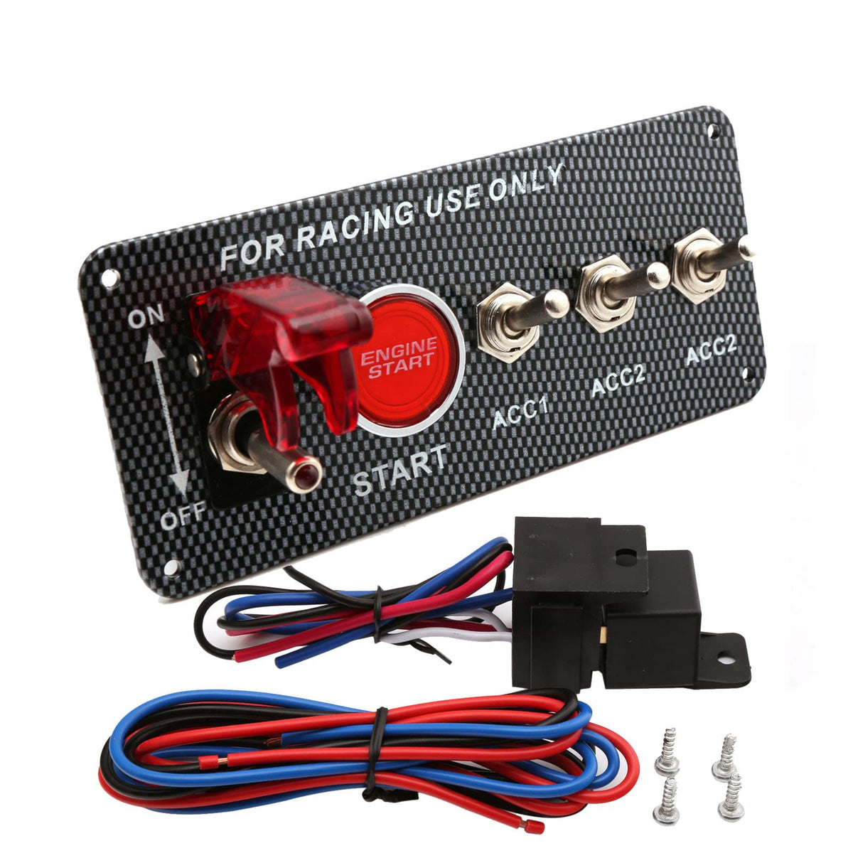 Universal 12V Carbon Fibre-Style Racing Ignition Switch Panel with Red Engine Start Button and 3 Toggle Switches